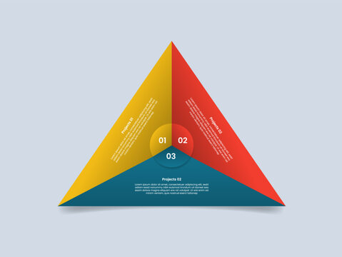 Triangle base shape infographic with glossy gradient style with sharp triangle piechart slice cut with description inside with three segment information