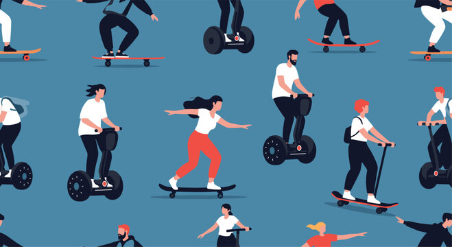 Seamless pattern of modern urban dwellers enjoying personal electric mobility devices like scooters skateboards and segways.
