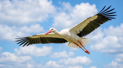 Fototapeta premium Fotografía hiperrealista de una cigüeña blanca volando con las alas extendidas contra un cielo azul vibrante con nubes blancas. Imagen de stock de alta resolución, luz natural, detalle plumaje nítido.