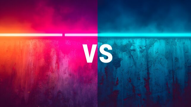 Versus battle concept split screen with neon lights on opposite sides of red and blue concrete walls.