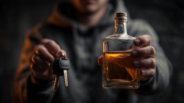 Man holding car key and bottle of alcohol. Drunk driver posing with whiskey. Dangerous driving prevention, road safety risk and consequence of alcoholism. Social awareness concept.