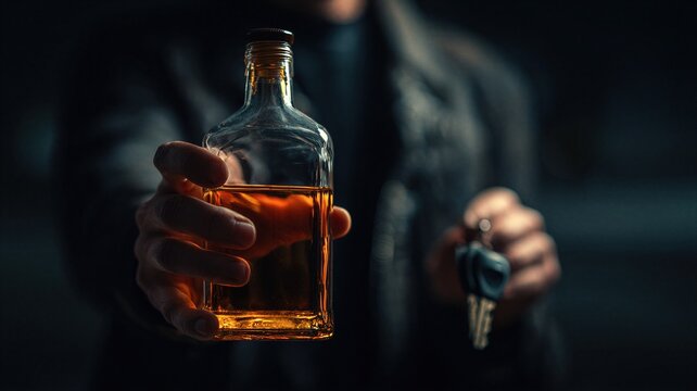 Man holding bottle of alcohol and car key. Drunk driver concept. Risk of driving under influence causing crash and fatal accident. Traffic safety and law enforcement awareness campaign.
