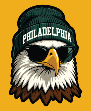 Eagle wearing a beanie and sunglasses with the word Philadelphia on it.