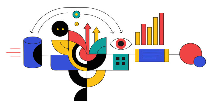 Abstract business intelligence and data analytics graphic with geometric shapes eye icon bar chart and connected information flow analytics business intelligence strategy statistics database