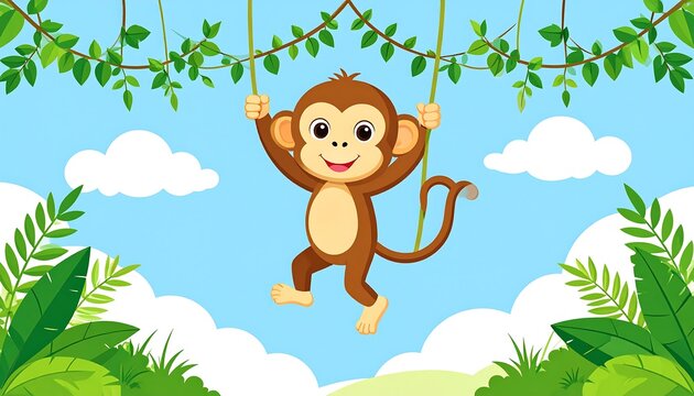 Cartoon monkey swinging on vines, against a blue sky with clouds