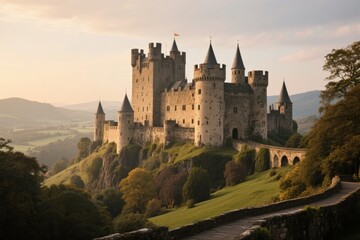 Obraz premium Medieval stone castle perched on a hillside with turrets and surrounding green landscape at golden hour