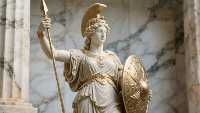 Marble statue of a classical warrior goddess holding a spear and shield, adorned with a helmet and golden accents, set against a marble column backdrop.