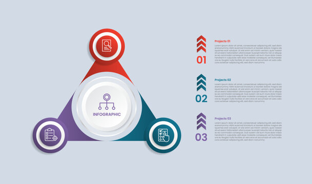 Triangle base shape infographic with glossy gradient style with sharp triangle with circle edge with arrow line top direction with three segment information