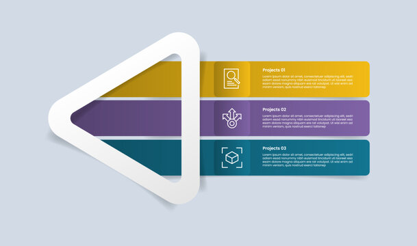 Triangle base shape infographic with glossy gradient style with big arrow shape left direction with long rectangle box inside vertical stacked list with three segment information