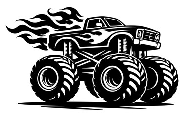 Off Road Monster Truck With Racing Flames Vector Graphic, Powerful 4x4 Vehicle Design For Extreme Sports, Car Shows, And Automotive Enthusiasts © VisuaLabArt