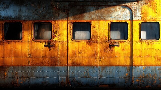 A weathered, rusted train carriage exterior with visible paint chipping and textured metal surfaces.