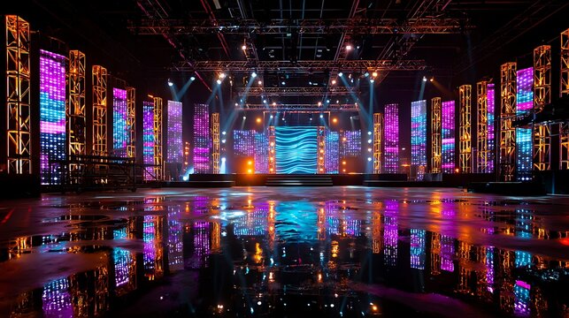 A stage setup with illuminated columns, stage lights, and water reflection in a dark studio