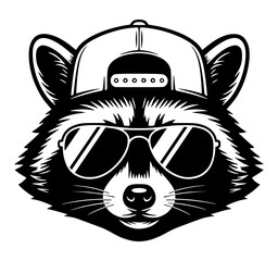 Cool Raccoon Head Wearing Baseball Cap And Aviator Sunglasses, Hipster Animal Portrait For Modern Streetwear Urban Apparel Design © VisuaLabArt