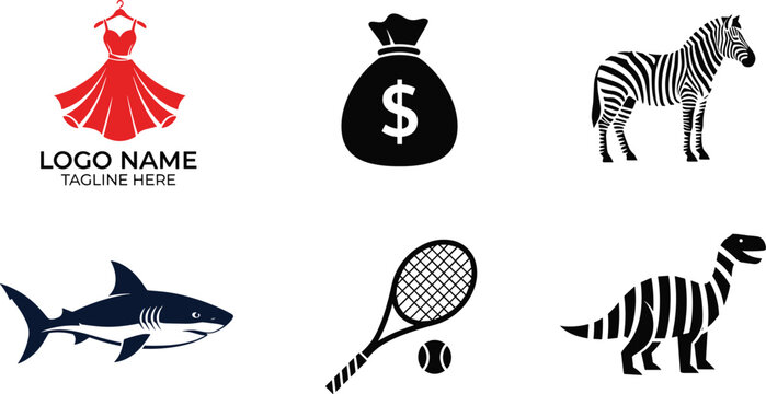 Mixed Icons Vector Set Dress Logo Money Bag Zebra Shark Tennis Dinosaur Silhouette Collection for Business Sports Fashion and Wildlife Design