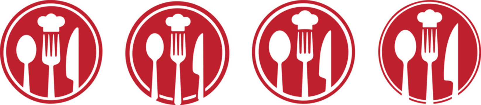 Red circle restaurant logo set with spoon fork knife and chef hat silhouettes for catering and dining establishments.