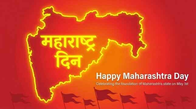 Maharashtra Day Celebration Vector Illustration with State Map, Maratha Empire Flags, and Devanagari Typography for May 1st Foundation Day