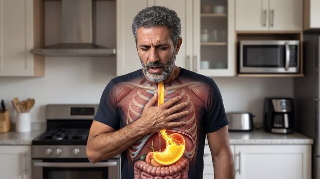 Man experiencing stomach pain in a kitchen with a graphic overlay of internal organs acid reflux