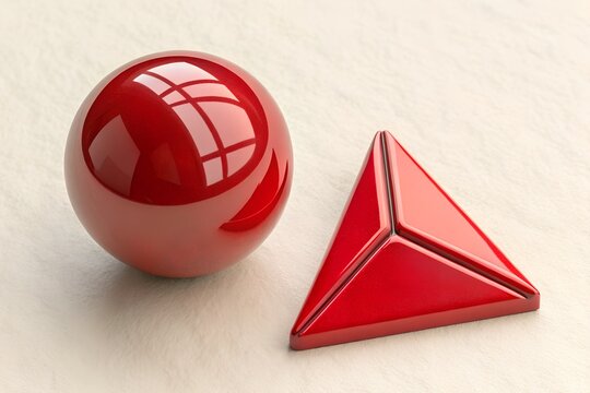 A compelling and meticulously crafted 3D rendering presents a vibrant, highly reflective glossy red sphere, expertly situated beside a precisely matched, equally polished red geometric triangular pris