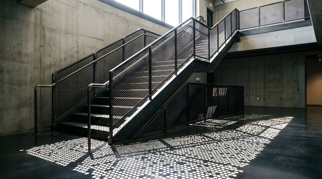 A striking modern industrial staircase with dark metal, perforated railings, and concrete walls, beautifully illuminated by natural light creating intricate circular shadows.