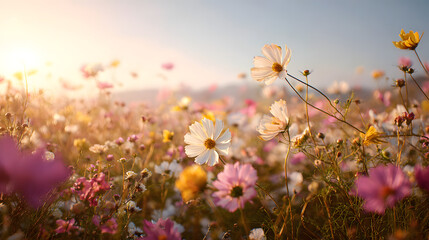 Obraz premium White and pink cosmos flower meadow under bright sun with hazy mountain background.