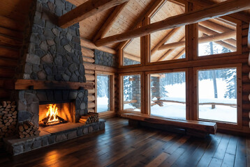 Obraz premium A cozy log cabin interior with a roaring fireplace, set in a snowy winter landscape.