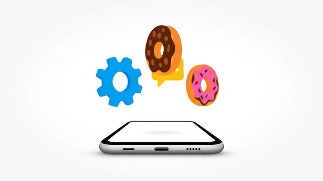 Smartphone displaying a gear icon and floating donuts, symbolizing mobile app development, settings, or food delivery services, isolated white background.