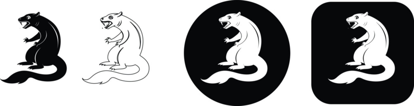 Set of heraldic otter icons in silhouette and outline styles, medieval animal emblems for logo and graphic design, isolated on white background.