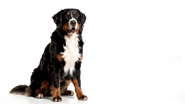 Bernese Mountain Dog Sitting White Background Pet Portrait Concept