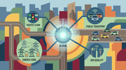 Obraz premium Smart City Infrastructure with AI Hub and Connected Systems