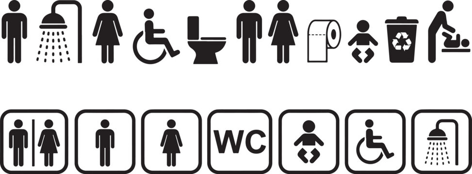 Public Restroom Icon Set - Universal Bathroom Signage and Toilet Vector Symbols.eps