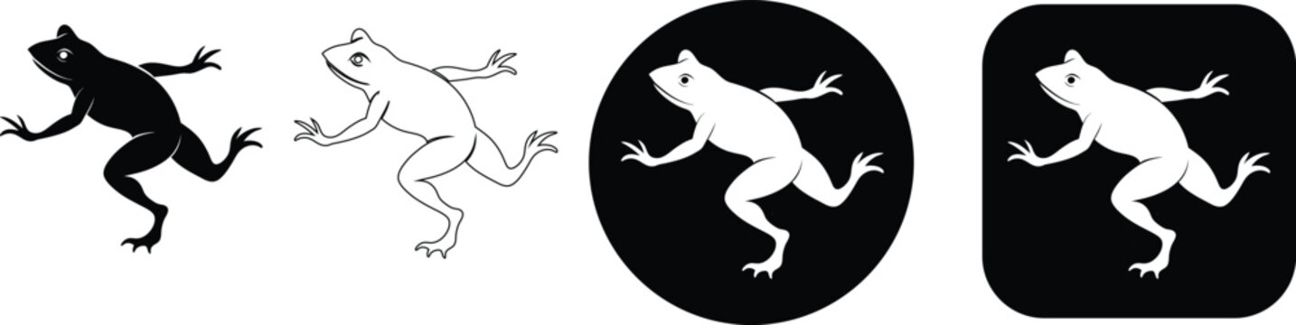 Minimalist black and white jumping frog vector illustration set with line art and solid silhouette versions