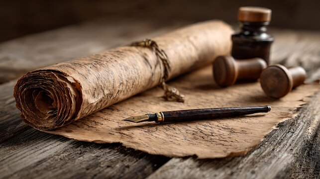 Ancient scroll, inkwell, pen, and seals on weathered wooden surface depict history