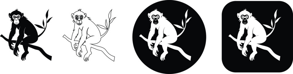 Minimalist black and white monkey vector illustration set with line art and solid silhouette versions © SilhouetteStore