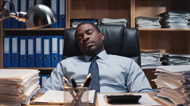 Man sleeping at office desk for corporate presentations, business marketing, and commercial use