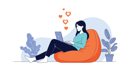 Obraz premium Young woman relaxing comfortably in a large orange bean bag chair while using her laptop at home surrounded by plants and hearts.
