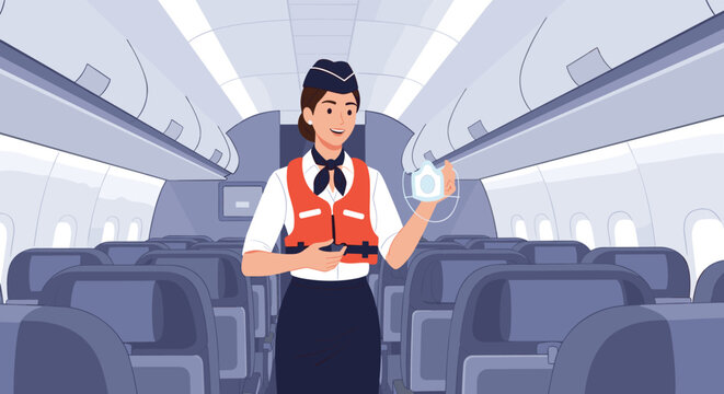 Flight attendant in professional uniform standing in an airplane cabin while demonstrating the use of a life vest and oxygen mask.