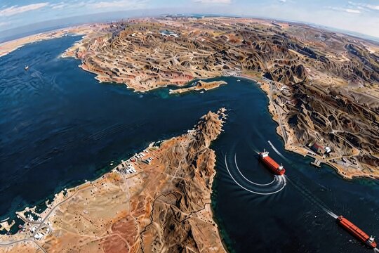 Cargo ships performing U-turns in Strait of Hormuz, maritime navigation in narrow strait