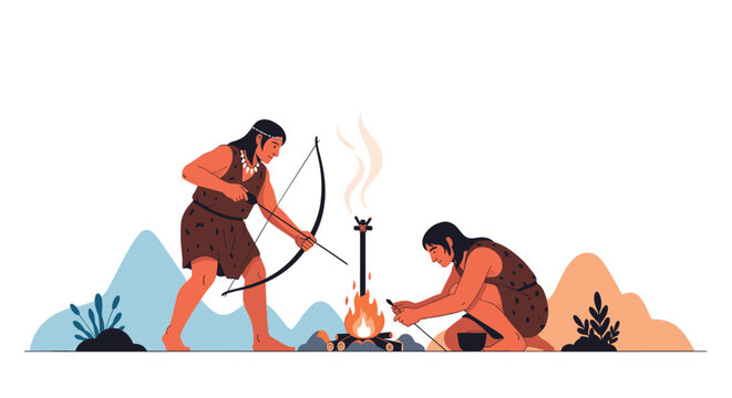 Scene of ancient tribal people working around a campfire in a mountain landscape with primitive tools and traditional clothing.