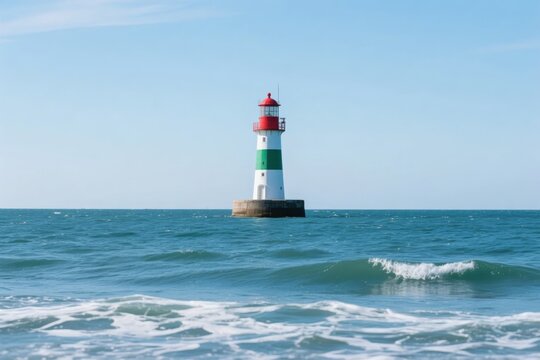 A red, white, and green lighthouse stands on a rocky base in the ocean under a clear blue sky.