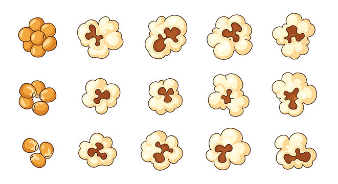Sequential illustration of corn kernels heating up and popping into fluffy white popcorn, capturing the fun and tasty transformation process.