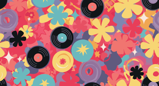 Vibrant 70s inspired seamless pattern featuring vinyl records, colorful flowers, and geometric stars in a retro collage style.