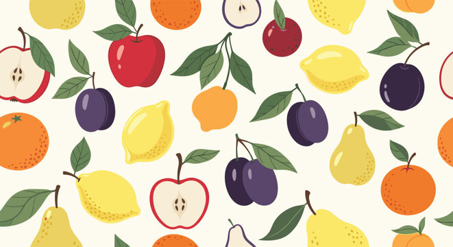 Refreshing seamless pattern featuring a variety of fruits like apples, oranges, lemons, and plums with leaves on a light background.