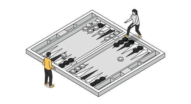 Modern isometric illustration showing a man and a woman playing a game of backgammon on a large board with checkers.