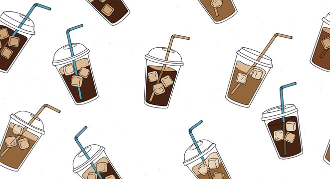 Trendy seamless pattern with various plastic cups of iced coffee and dark cold brew drinks with colorful straws.