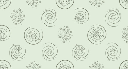 Fototapeta premium Abstract seamless pattern featuring green spiral motifs and clusters of small stars or flowers on a pale green background.
