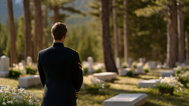 Lone bugler standing at graveside in wooded national cemetery at golden hour, back to viewer, white headstones receding in rows into tree line, fresh spring flowers on nearby graves, perfect for mem