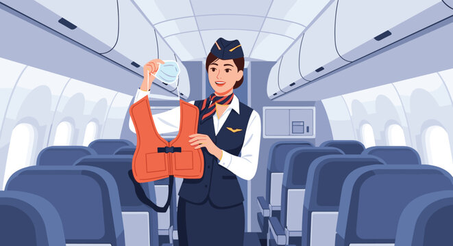 Smiling flight attendant in uniform demonstrating the use of an orange life vest and an oxygen mask inside an airplane cabin.