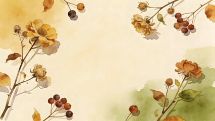 Naklejka premium Autumn Botanical Frame with Watercolor Dried Flowers Berries and Copy Space