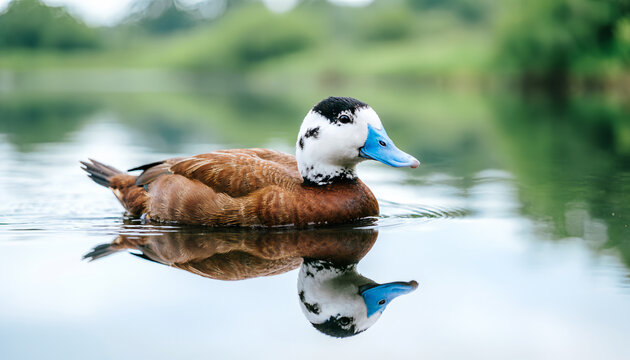 Bebek berenang di danau dengan refleksi air