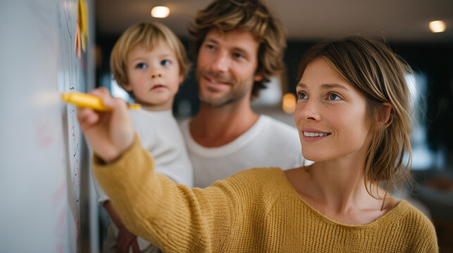 Young family tracks monthly savings progress on colorful wall chart in hallway, toddler helping color a bar, cheerful spring morning light, perfect for financial planning, family goals, and contempo